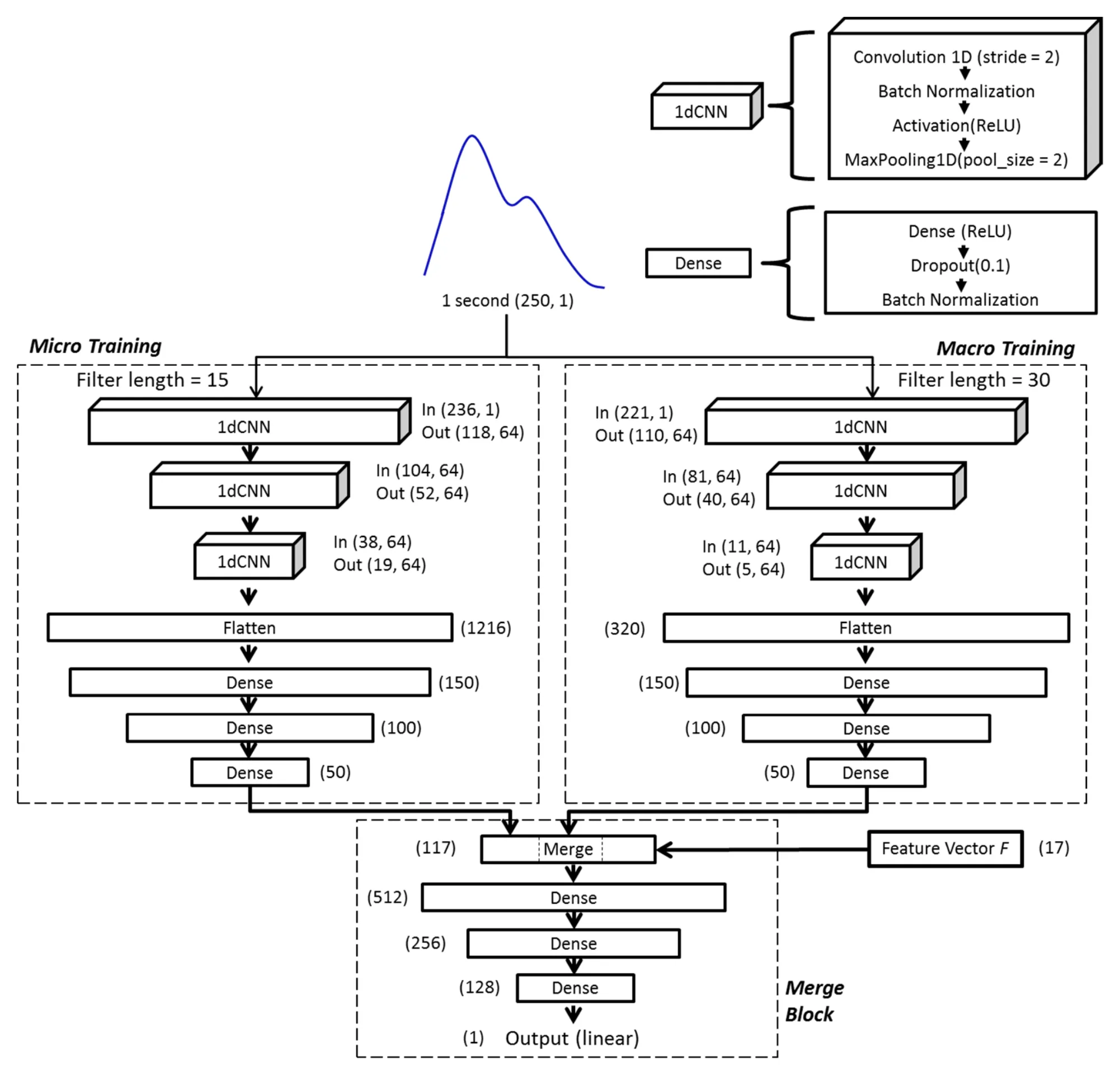 Chu et al.'s deep-learning architecture. A one-second PPG pulse feeds two parallel branches of stacked 1D convolutional layers, a micro-training branch with filter length 15 and a macro-training branch with filter length 30. Each branch flattens into a stack of dense layers, then both are merged with a 17-element hand-crafted feature vector F (age, waist circumference, BMI, blood pressure, pulse morphology, heart-rate variance, and HbA1c) and passed through a final dense merge block to a single linear glucose output.