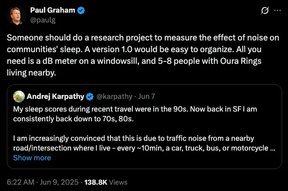 Tweet wondering about noise vs sleep